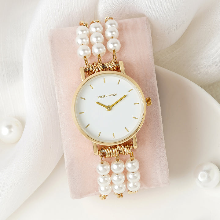 Rosette White Small Dial Gold Pearl Strap Women's Watch