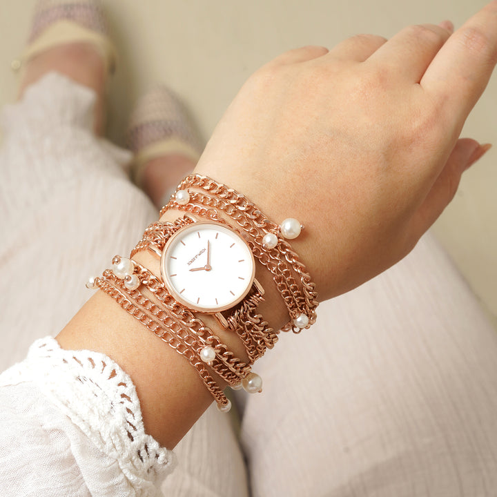 Genevieve White Small Dial Rose Gold Pearl Wrap Around Strap Women's Watch