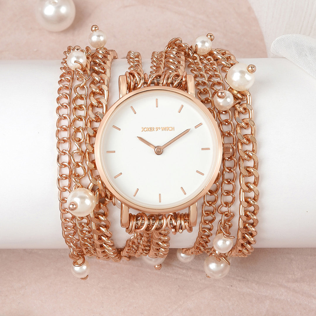Genevieve White Small Dial Rose Gold Pearl Wrap Around Strap Women's Watch