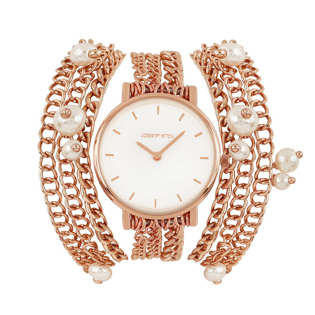 Genevieve White Small Dial Rose Gold Pearl Wrap Around Strap Women's Watch