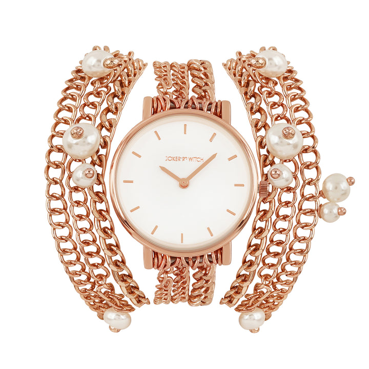 Genevieve White Small Dial Rose Gold Pearl Wrap Around Strap Women's Watch