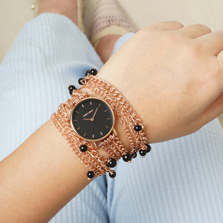 Genevieve Black Small Dial Rose Gold Pearl Wrap Around Strap Women's Watch