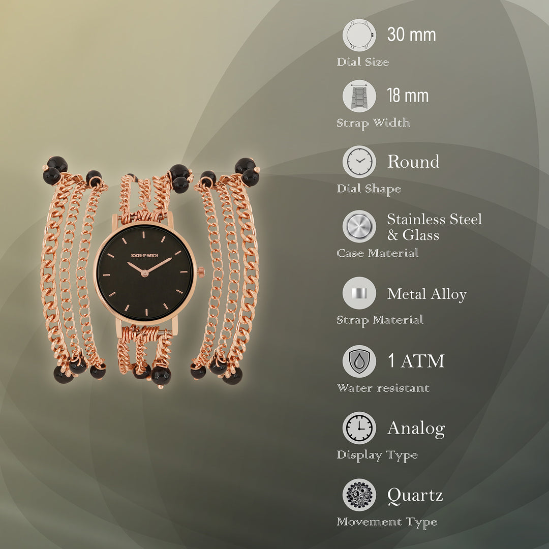 Genevieve Black Small Dial Rose Gold Pearl Wrap Around Strap Women's Watch