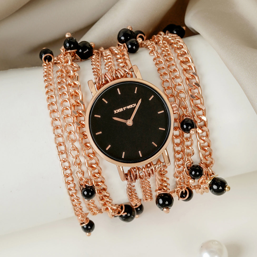 Genevieve Black Small Dial Rose Gold Pearl Wrap Around Strap Women's Watch
