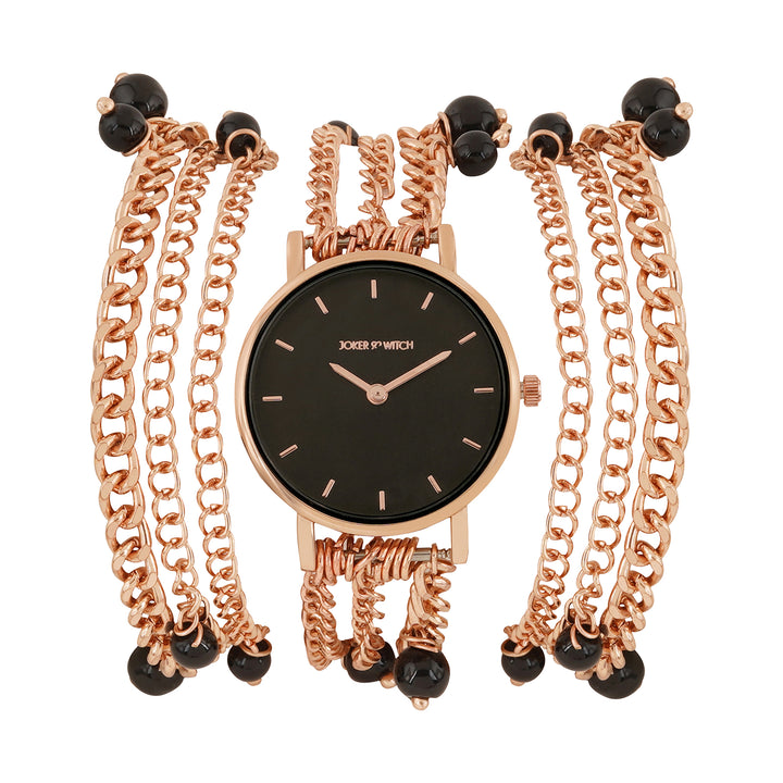 Genevieve Black Small Dial Rose Gold Pearl Wrap Around Strap Women's Watch
