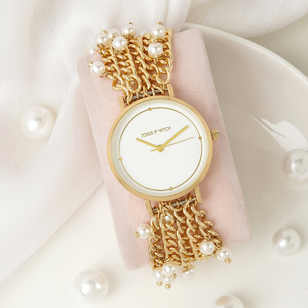 Isadora White Medium Dial Gold Pearl Strap Women's Watch