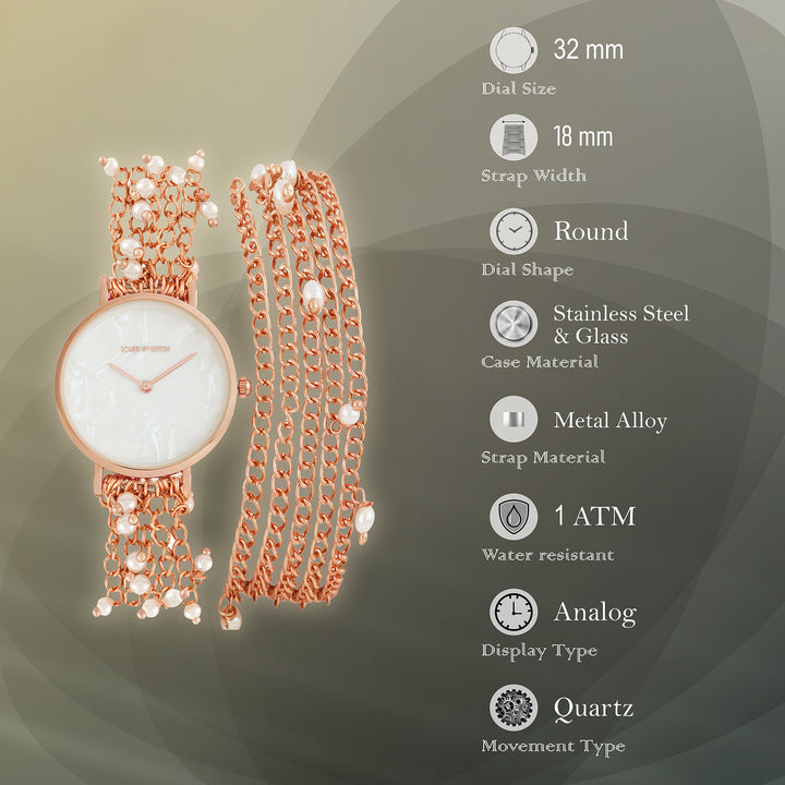 Margetti White MOP Medium Dial Rose Gold Pearl wrap Around Strap Women's Watch