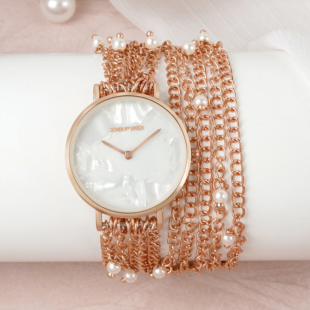 Margetti White MOP Medium Dial Rose Gold Pearl wrap Around Strap Women's Watch