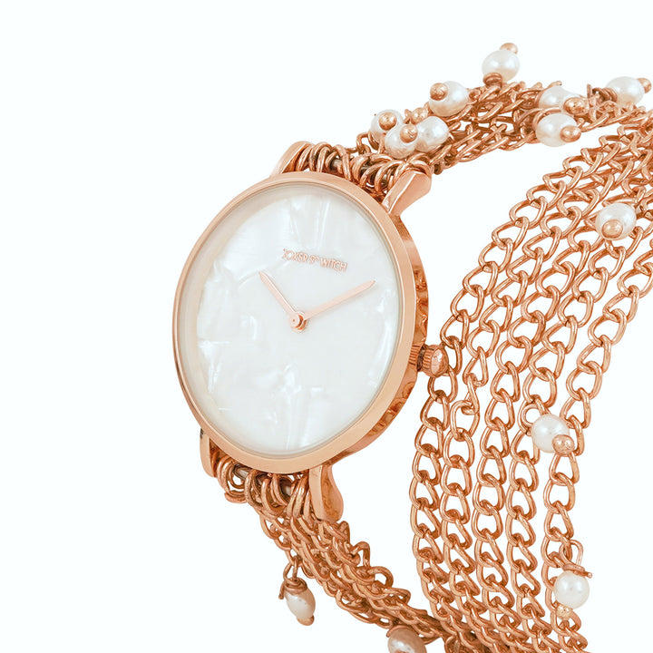 Margetti White MOP Medium Dial Rose Gold Pearl wrap Around Strap Women's Watch