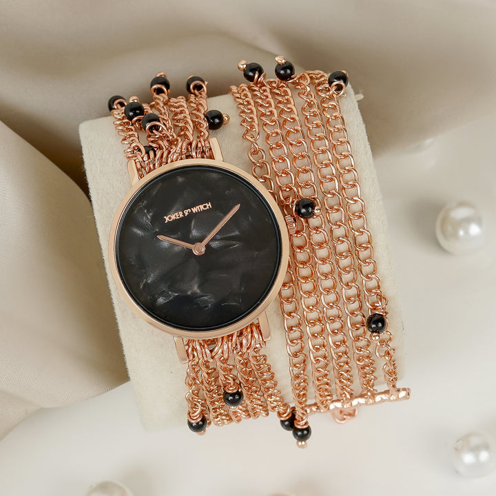 Margetti Black MOP Medium Dial Rose Gold Pearl Wrap Around Strap Women's Watch