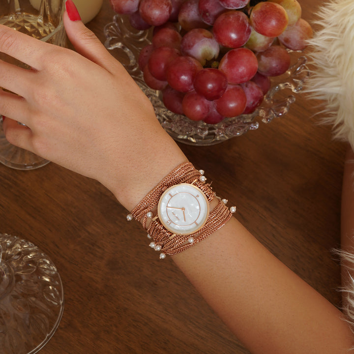 Millicent White Medium Dial Rose Gold Pearl Wrap Around Strap Women's Watch