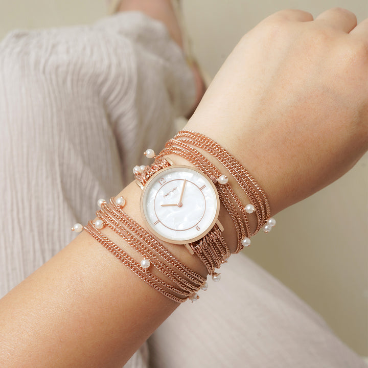 Millicent White Medium Dial Rose Gold Pearl Wrap Around Strap Women's Watch