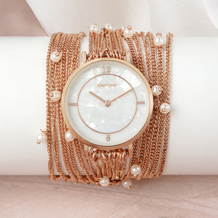 Millicent White Medium Dial Rose Gold Pearl Wrap Around Strap Women's Watch