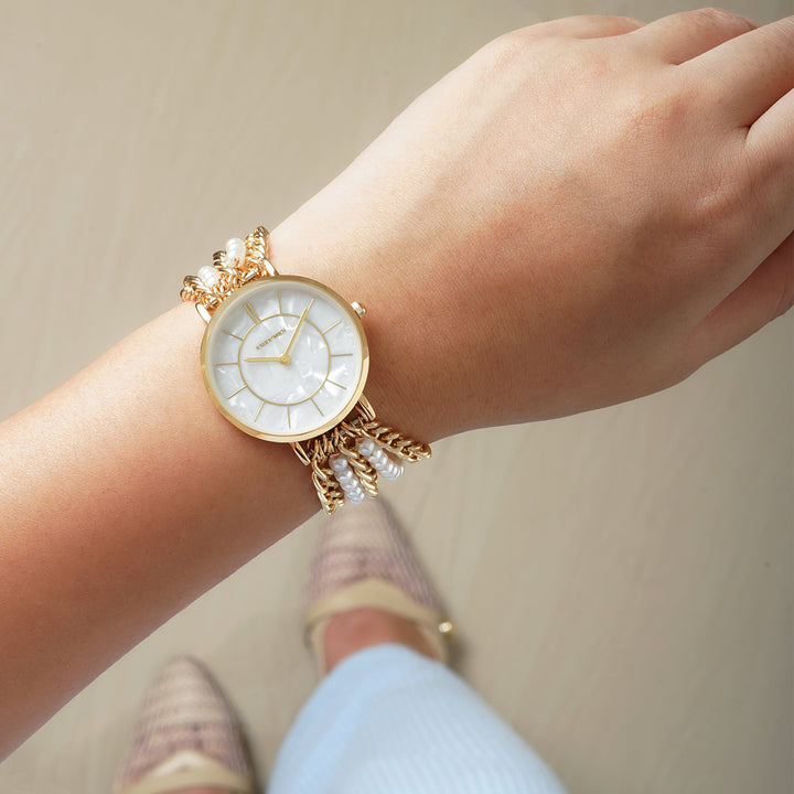 Elloria White MOP Medium Dial Gold Pearl Strap Women's Watch