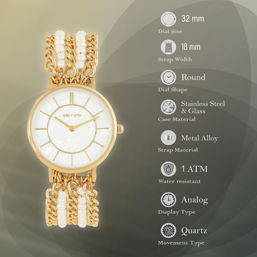 Elloria White MOP Medium Dial Gold Pearl Strap Women's Watch