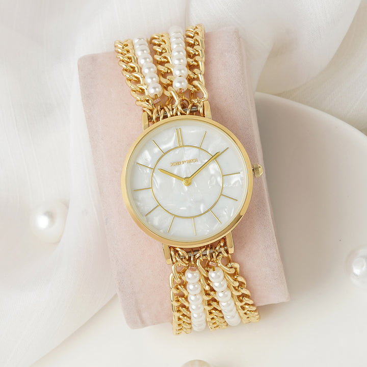 Elloria White MOP Medium Dial Gold Pearl Strap Women's Watch