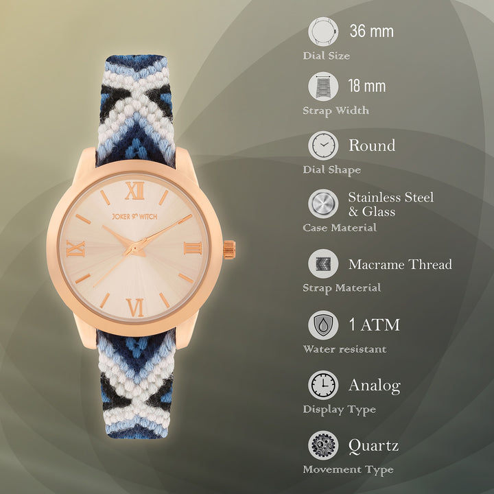 Cora Loop Rose Gold Medium Dial Blue Macrame Strap Women's Watch