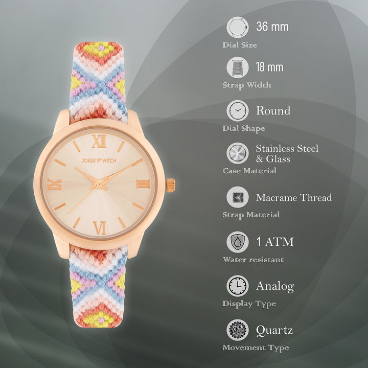 Cora Loop Rose Gold Medium Dial Multicolor Macrame Strap Women's Watch