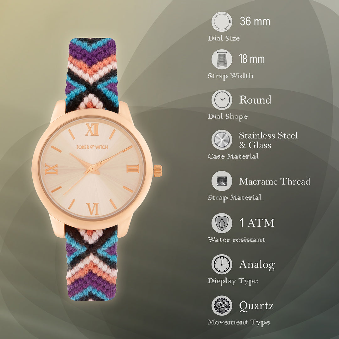 Tide & Twine Rose Gold Medium Dial Multicolor Macrame Strap Women's Watch