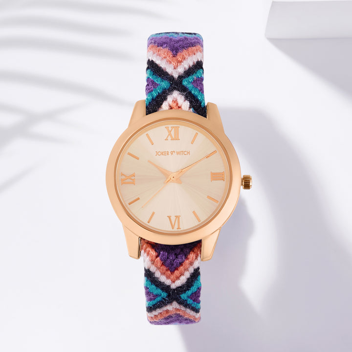 Tide & Twine Rose Gold Medium Dial Multicolor Macrame Strap Women's Watch