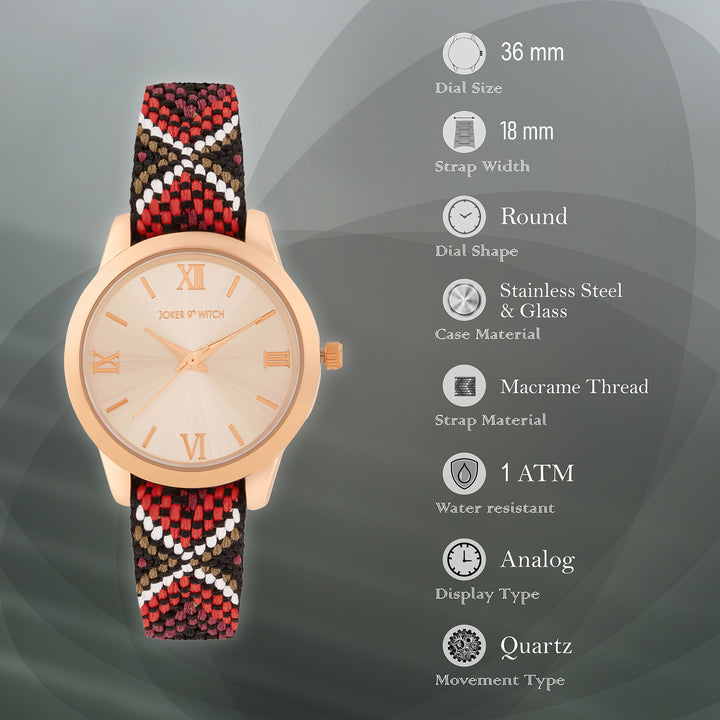 Zen Loom Rose Gold Medium Dial Red Macrame Strap Women's Watch