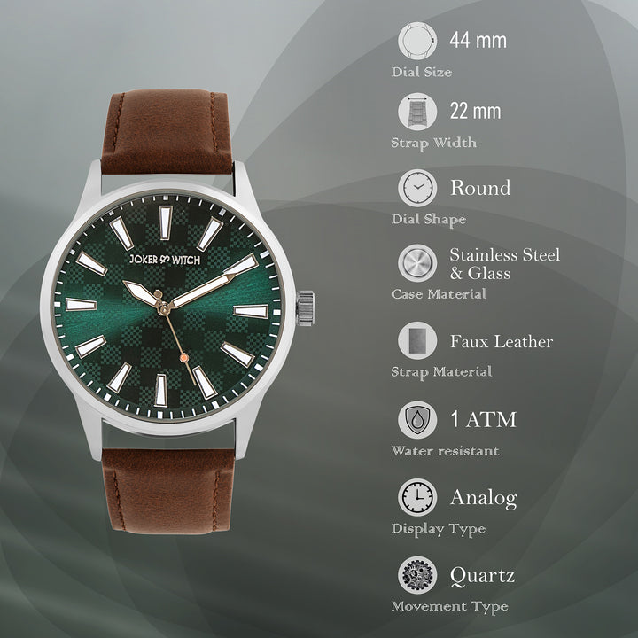 Checkered Green XLarge Dial Brown PU Strap Men's Watch