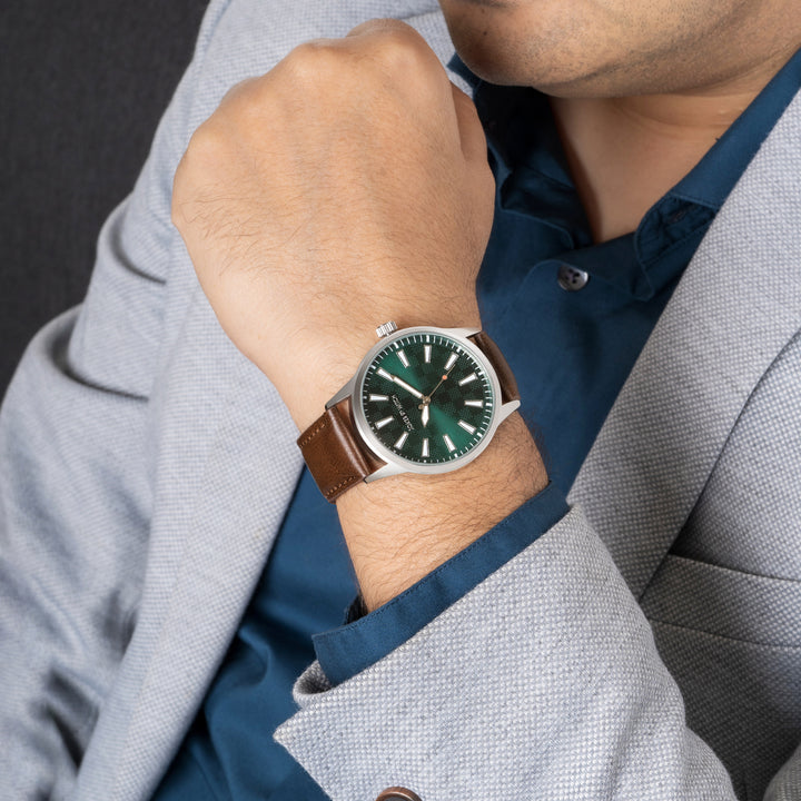 Checkered Green XLarge Dial Brown PU Strap Men's Watch