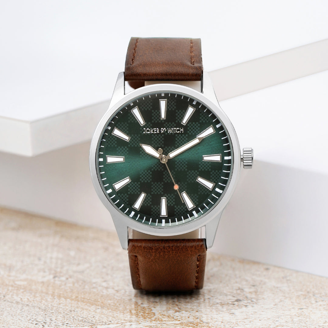 Checkered Green XLarge Dial Brown PU Strap Men's Watch