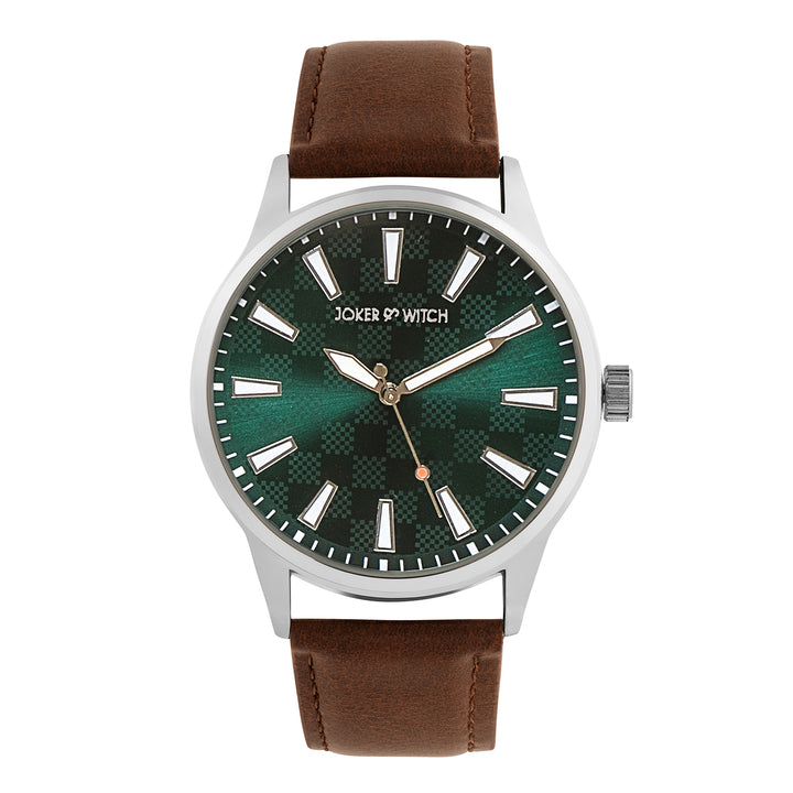 Checkered Green XLarge Dial Brown PU Strap Men's Watch