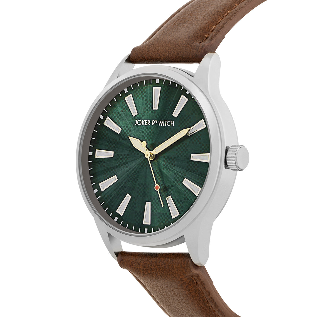 Checkered Green XLarge Dial Brown PU Strap Men's Watch