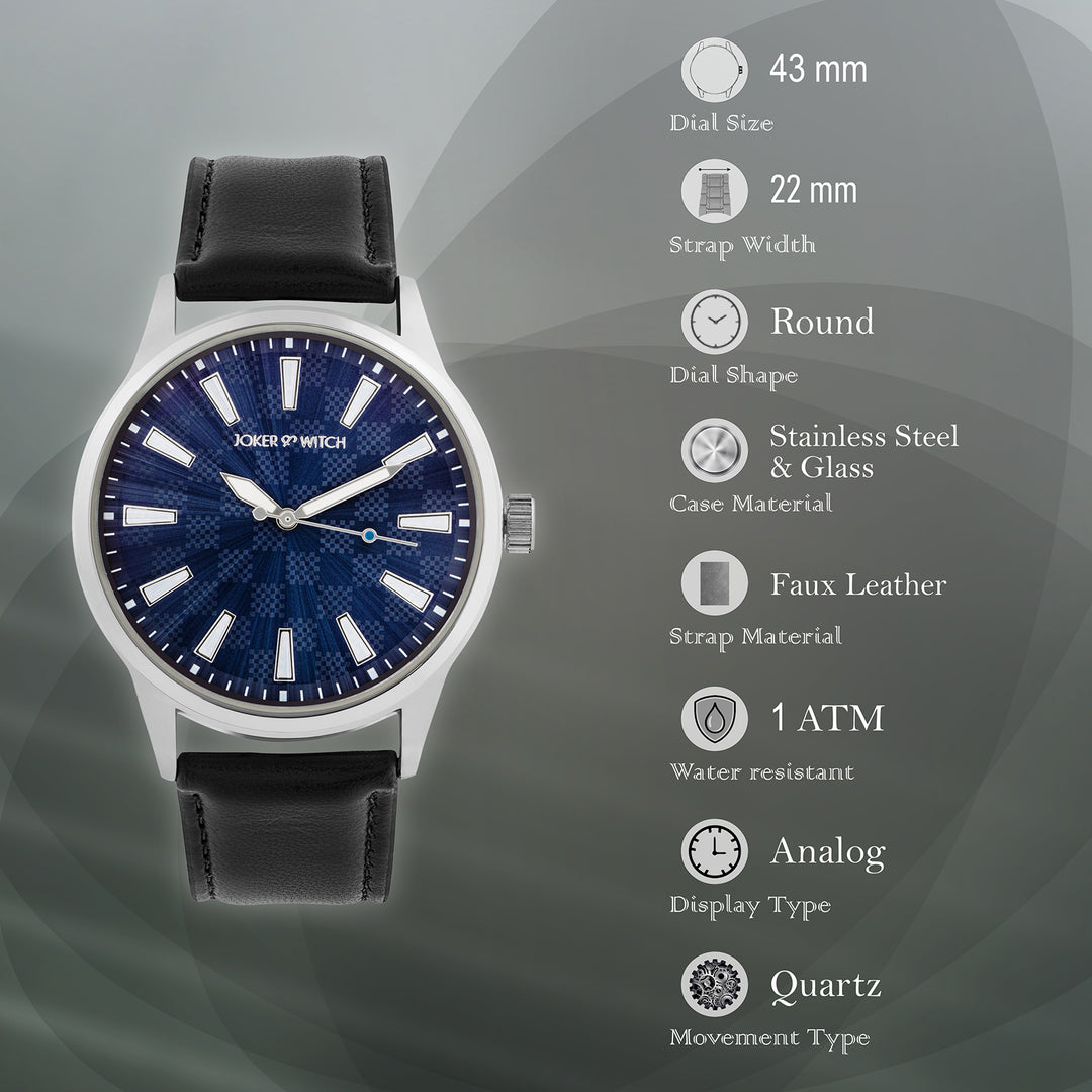 Checkered Blue Large Dial Black PU Strap Men's Watch