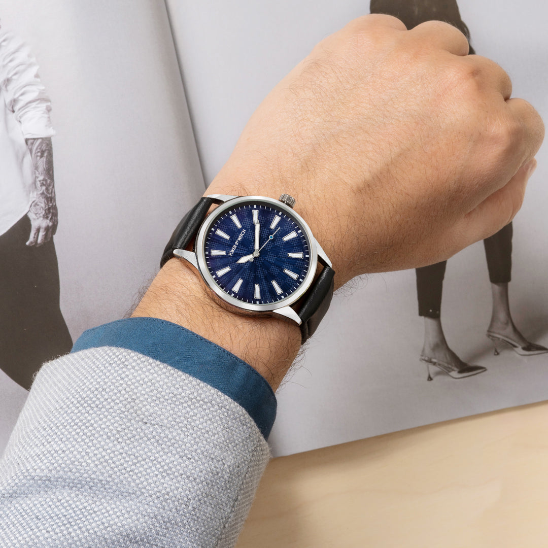 Checkered Blue Large Dial Black PU Strap Men's Watch