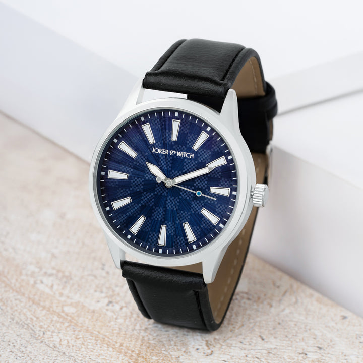 Checkered Blue Large Dial Black PU Strap Men's Watch