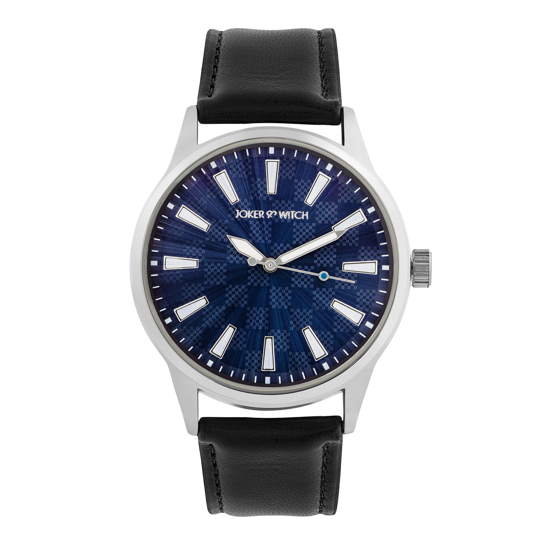 Checkered Blue Large Dial Black PU Strap Men's Watch