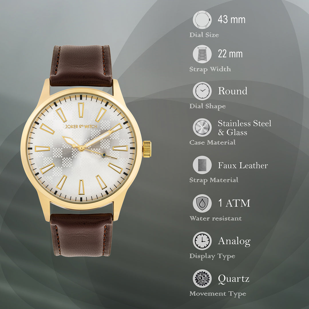 Checkered Silver Large Dial Brown PU Strap Men's Watch