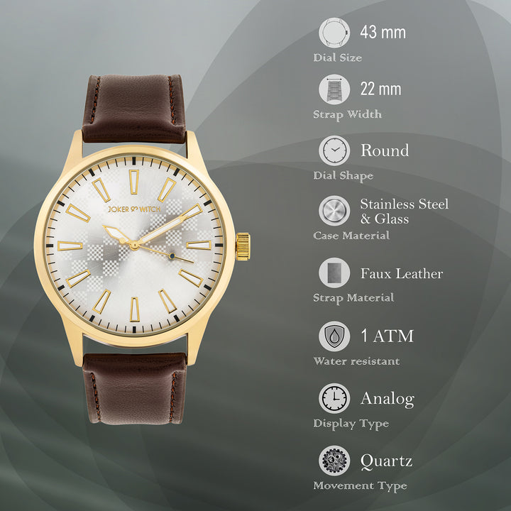 Checkered Silver Large Dial Brown PU Strap Men's Watch