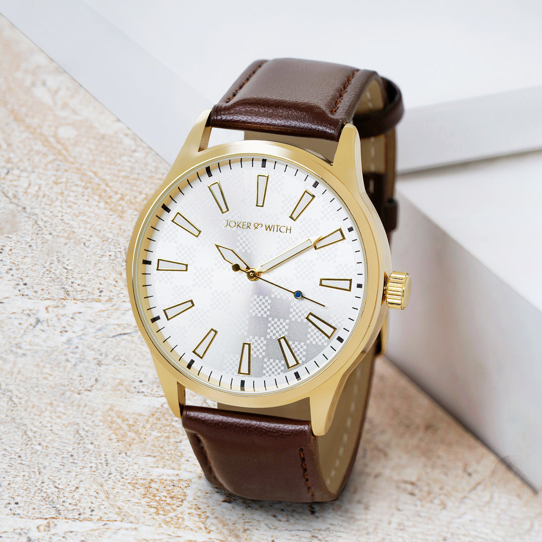 Checkered Silver Large Dial Brown PU Strap Men's Watch