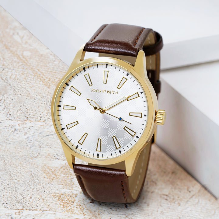 Checkered Silver Large Dial Brown PU Strap Men's Watch