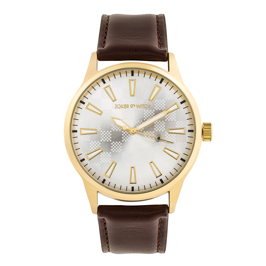 Checkered Silver Large Dial Brown PU Strap Men's Watch