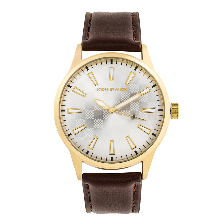 Checkered Silver Large Dial Brown PU Strap Men's Watch