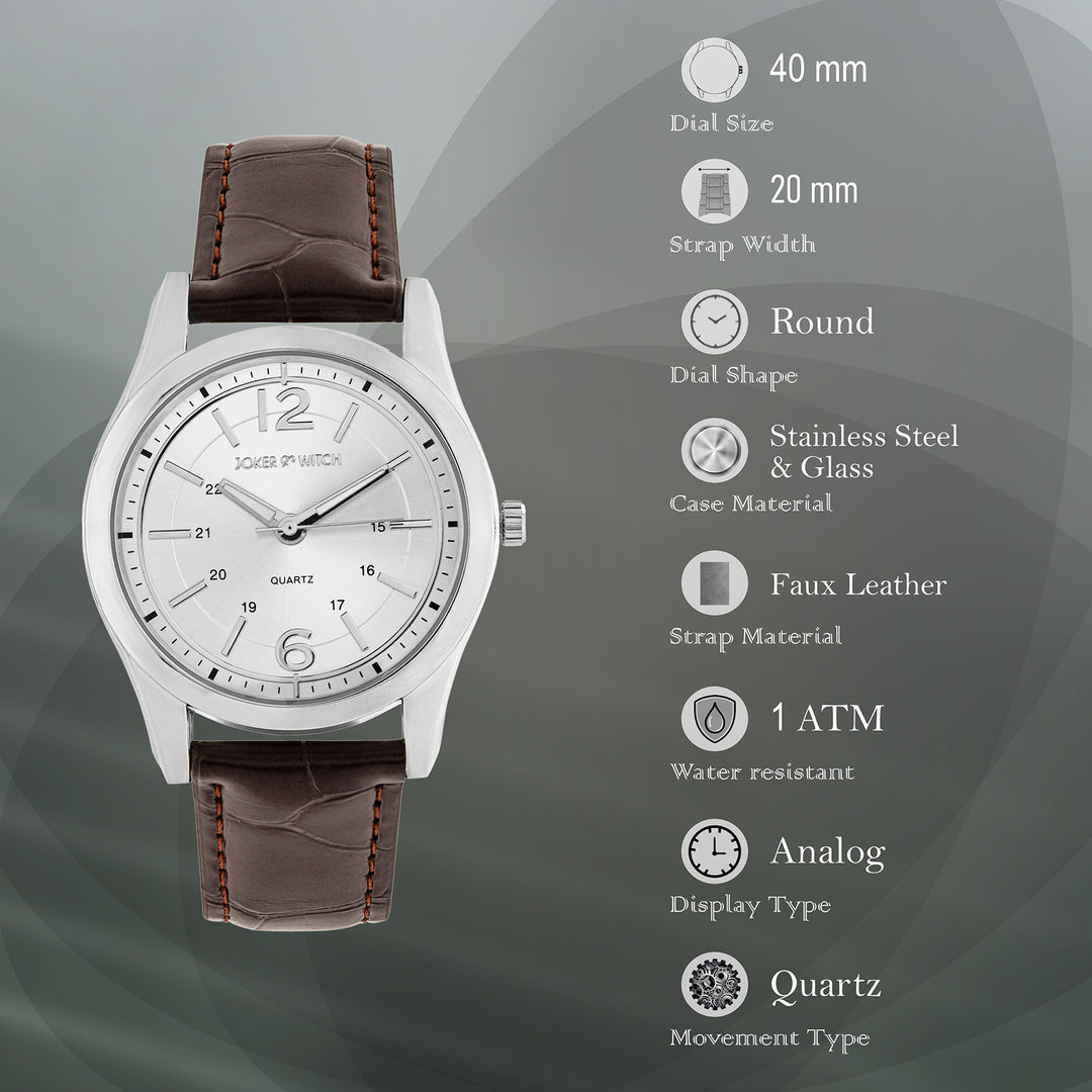 Falconer Silver Large Dial Brown PU Strap Men's Watch