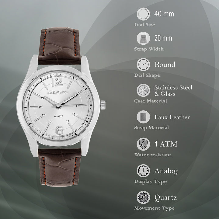 Falconer Silver Large Dial Brown PU Strap Men's Watch