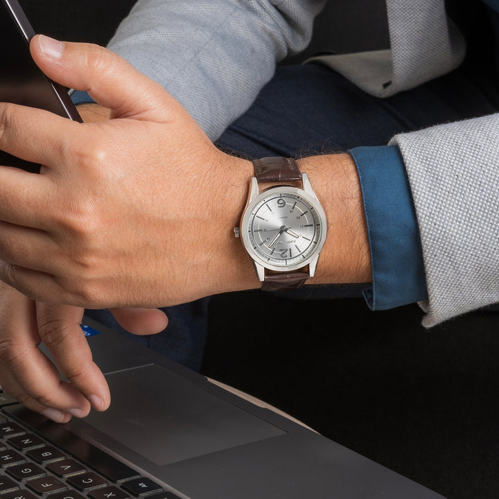 Falconer Silver Large Dial Brown PU Strap Men's Watch