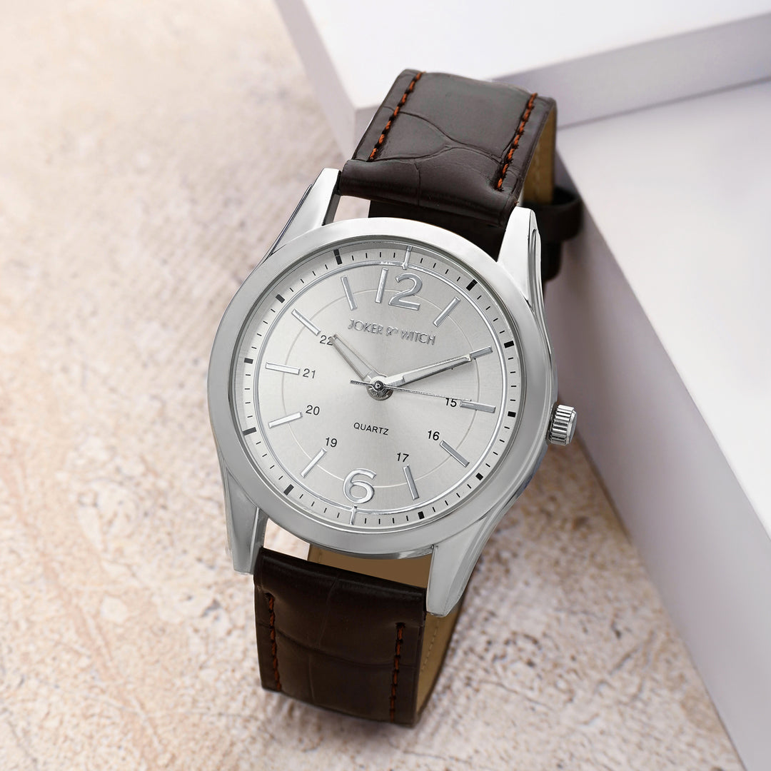 Falconer Silver Large Dial Brown PU Strap Men's Watch