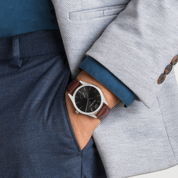 Steadfast Black Large Dial Brown PU Strap Men's Watch