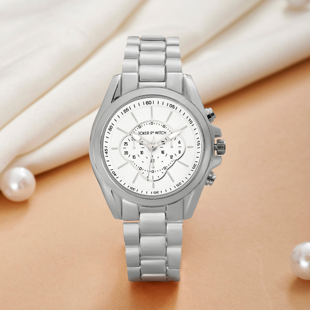 Stellar White Large Dial Silver Linked Chain Strap Women's Watch