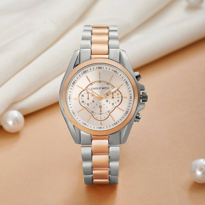 Stellar Silver Large Dial Dual Tone Linked Chain Strap Women's Watch