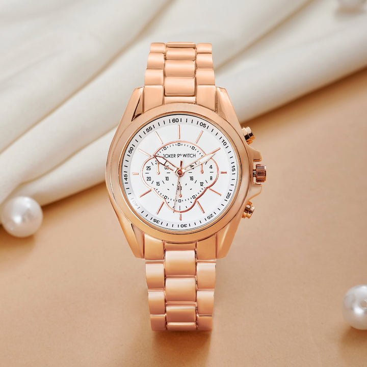 Stellar White Large Dial Rose Gold Linked Chain Strap Women's Watch