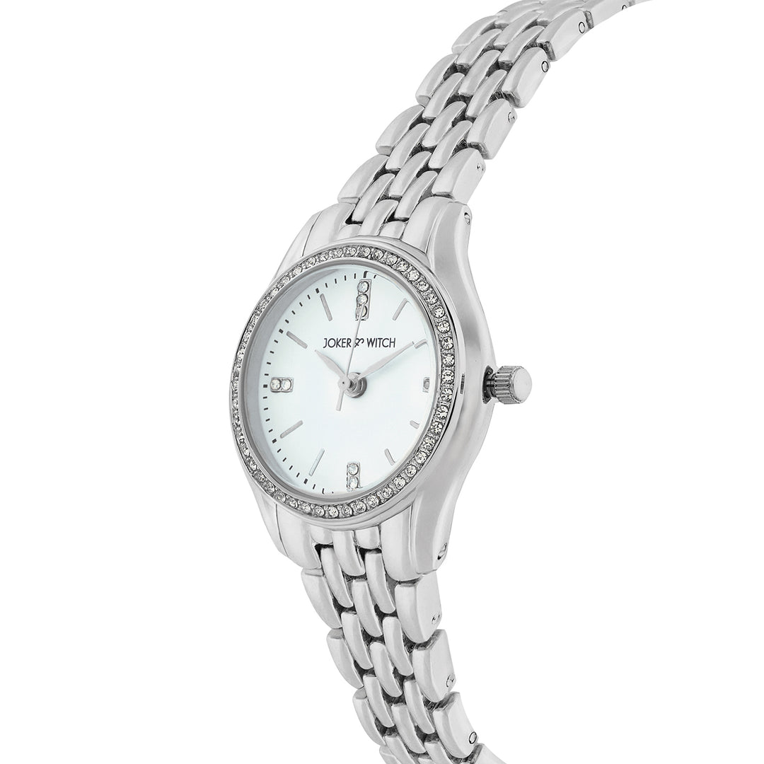 Crystal White Small Dial Silver Linked Chain Strap Women's Watch