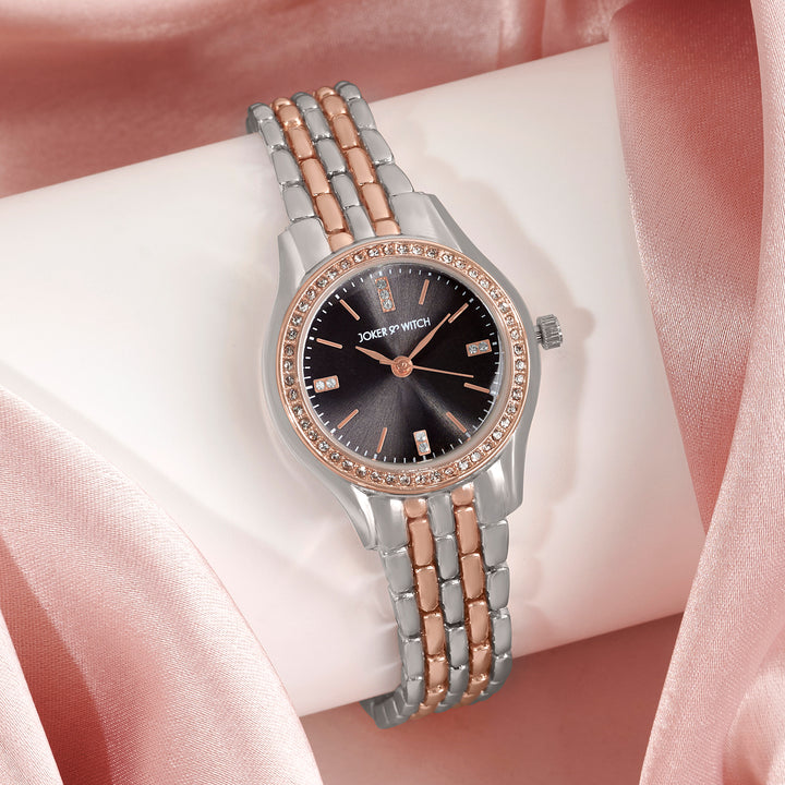 Crystal Black Small Dial Dual Tone Linked Chain Strap Women's Watch